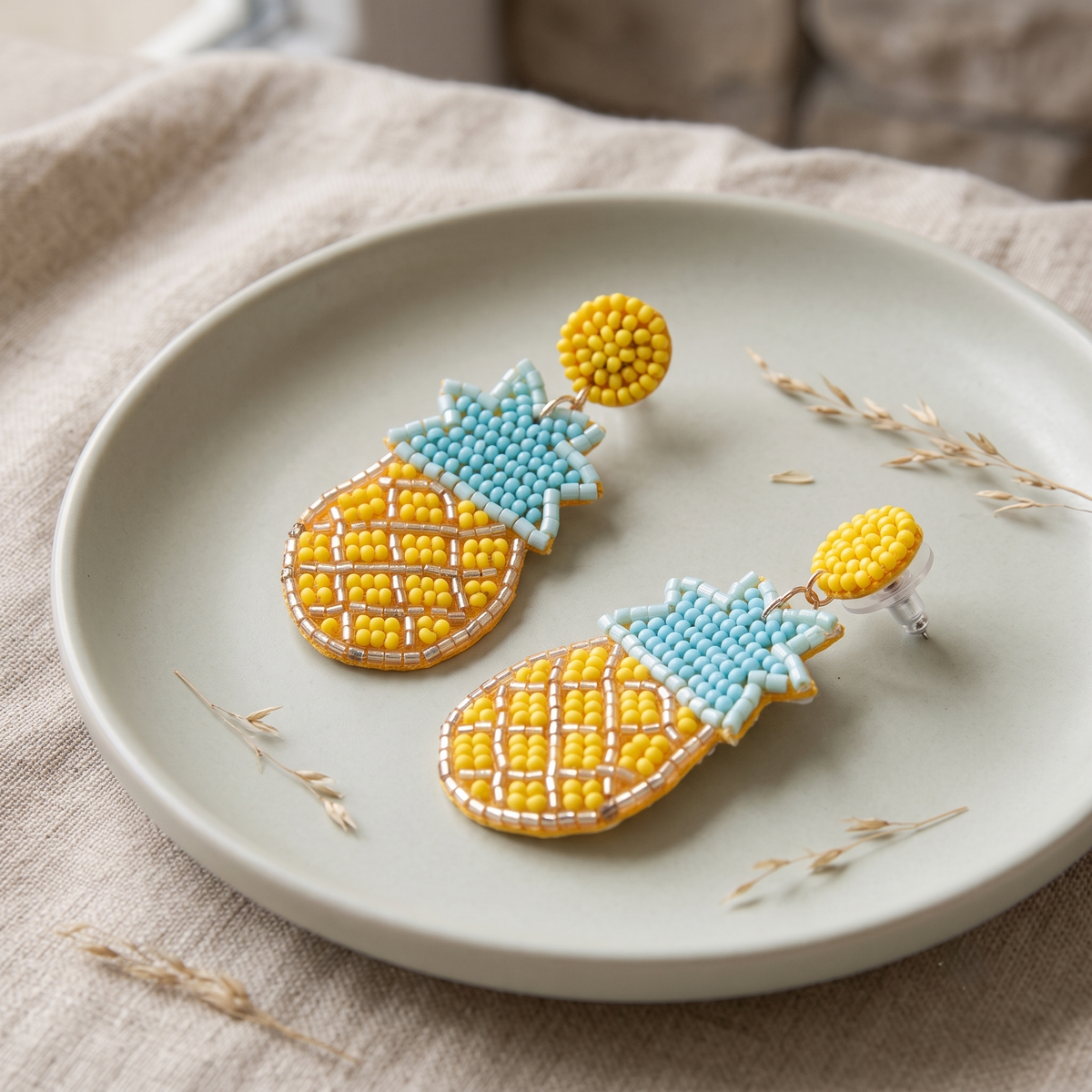 Handcrafted Pineapple Beaded Statement Drop Earrings for Women Quirky Tropical Jewelry
