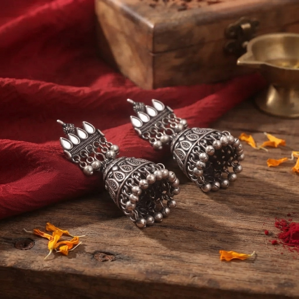 Oxidised Silver Jhumka Earrings with Mirror Work Jhumki for Women