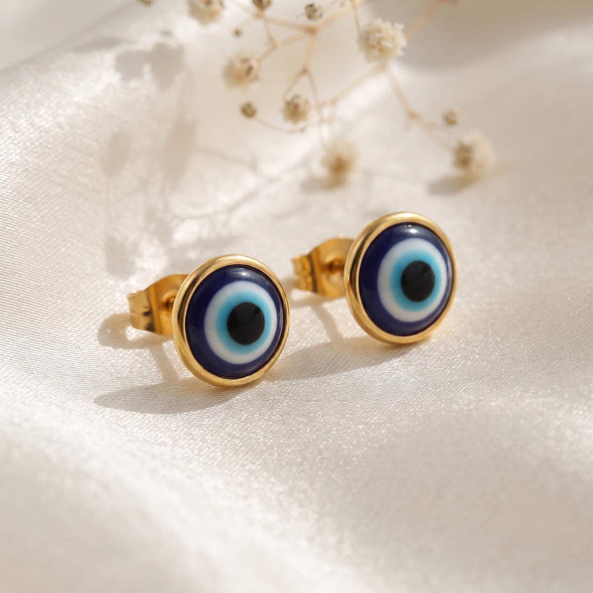 Gold Plated Brass Evil Eye Stud Earrings with Turkish Blue Enamel