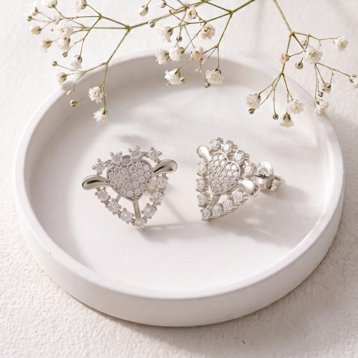 Silver Plated Brass Winged Heart Stud Earrings with Crystal Pavé