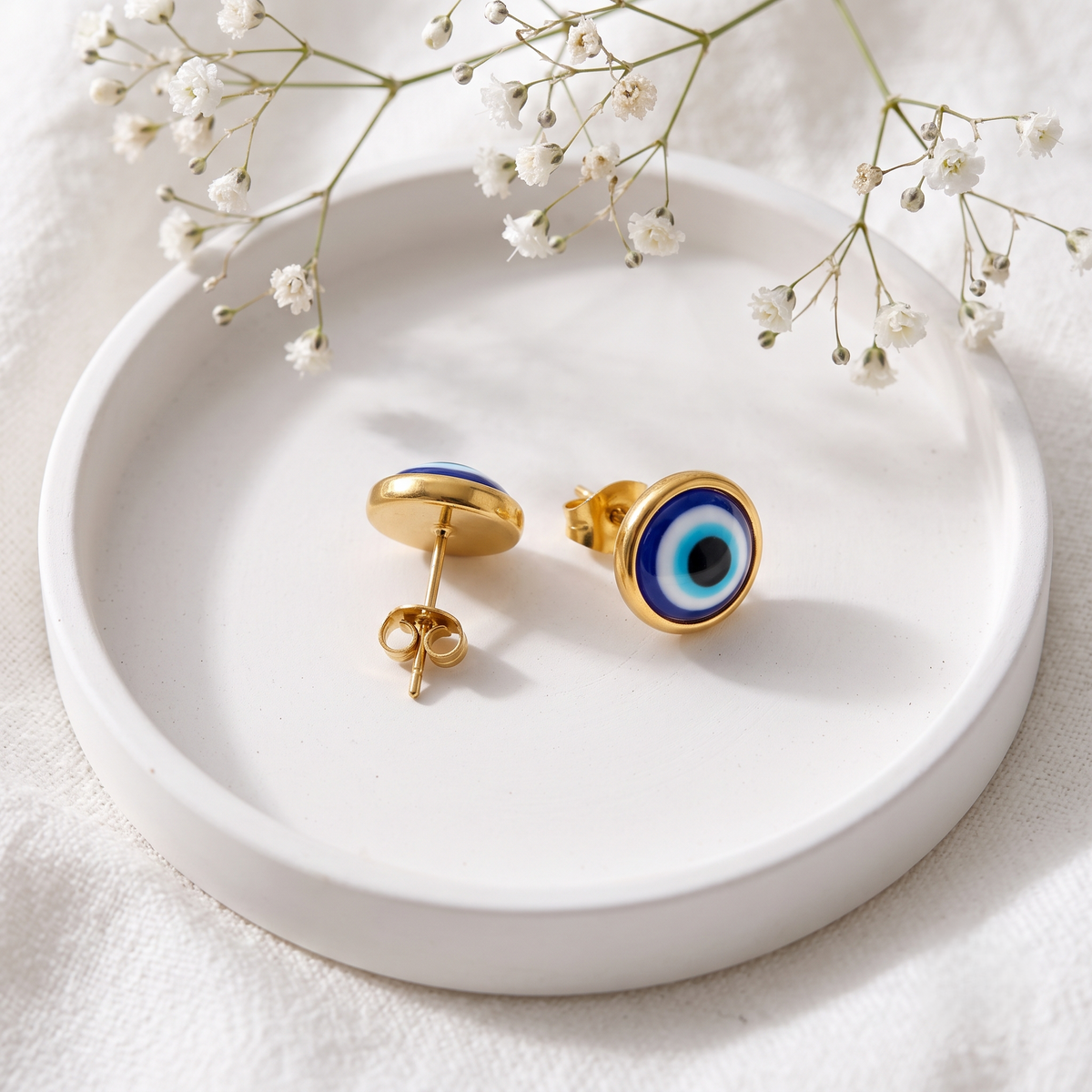 Gold Plated Brass Evil Eye Stud Earrings with Turkish Blue Enamel