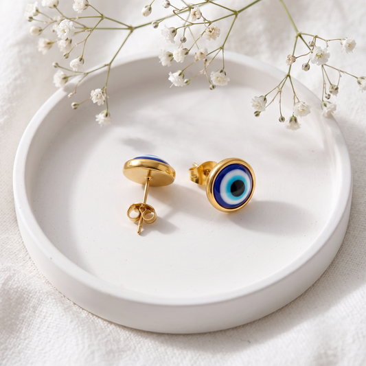 Gold Plated Brass Evil Eye Stud Earrings with Turkish Blue Enamel