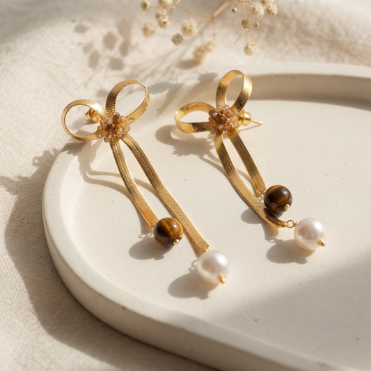 Gold Plated Mesh Ribbon Bow Long Drop Earrings for Women Pearl & Tiger Eye Balis