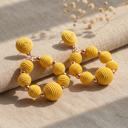 Handcrafted Yellow Fabric Wrapped Bauble Hoop Drop Earrings for Women