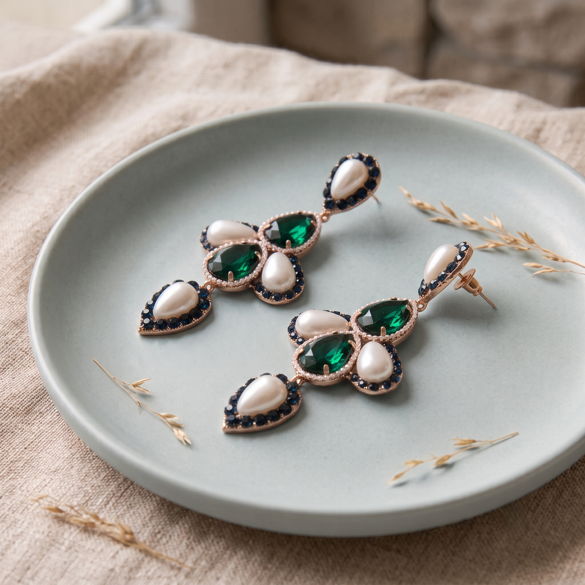 Elegant Heavy Look Brass Green Crystal and Pearl Asymmetrical Statement Balis