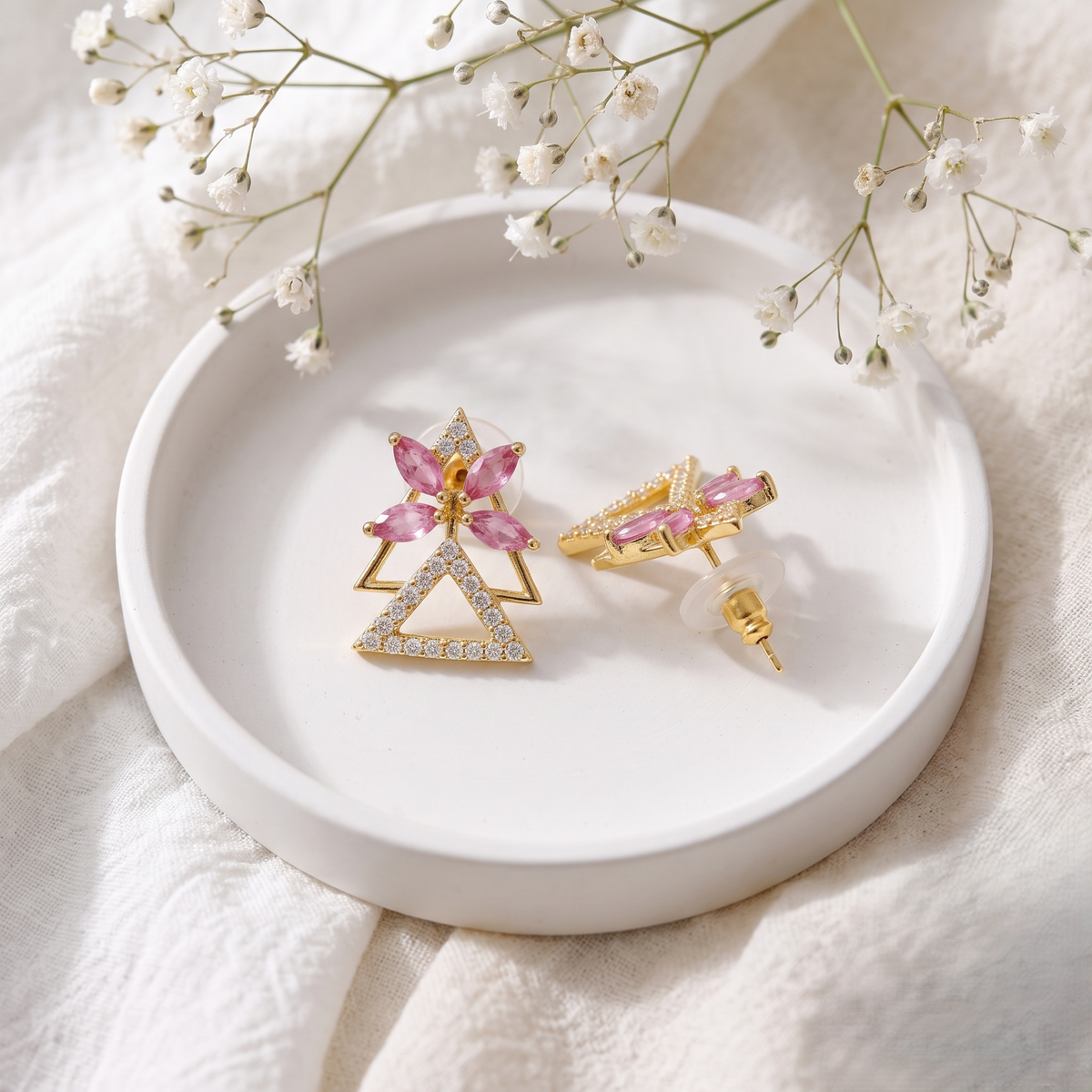 Gold Plated Brass Double Triangle Stud Earrings with Pink Marquise Crystal Flower