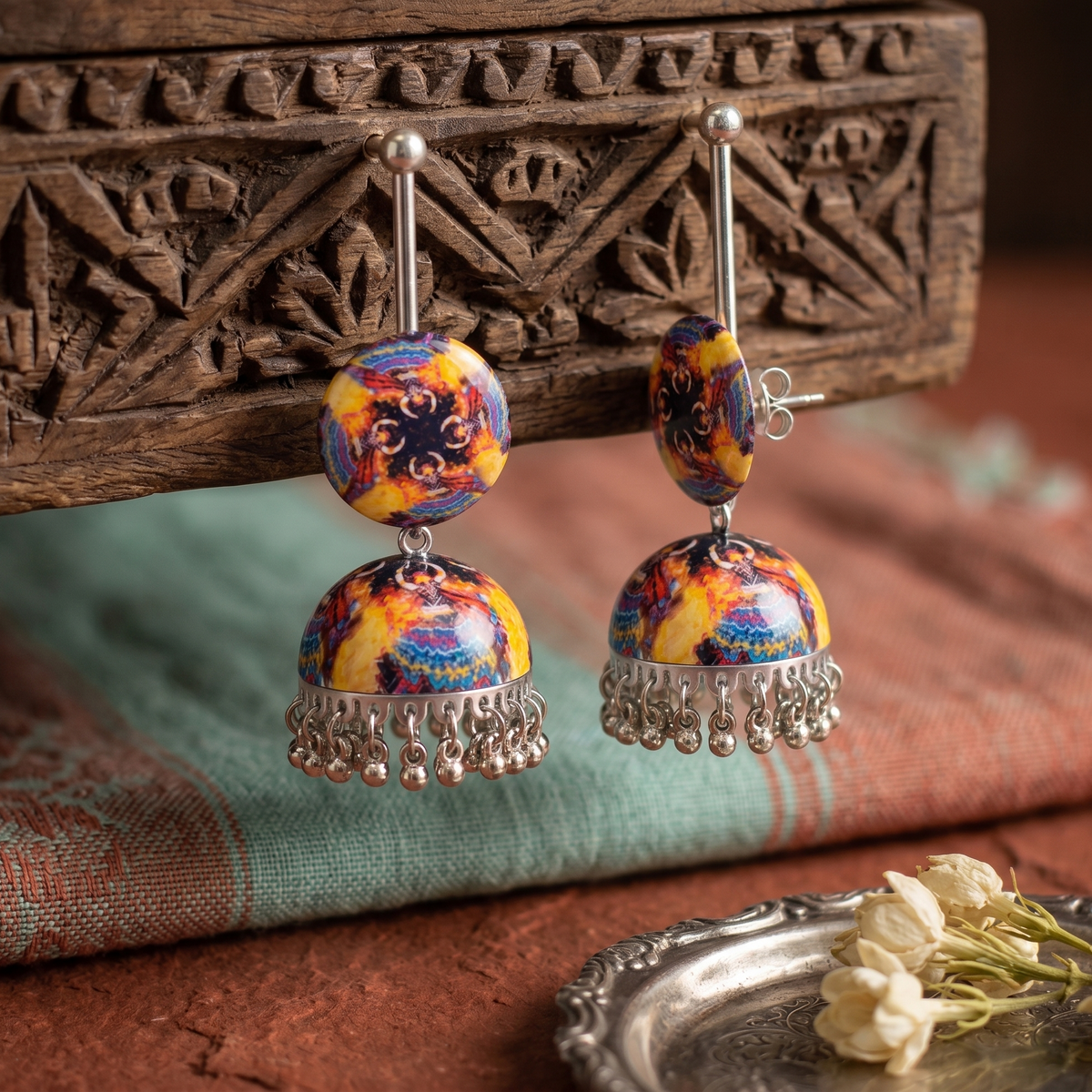 Multicolor Abstract Print Jhumka Earrings for Women Oxidized Ghungroo Balis