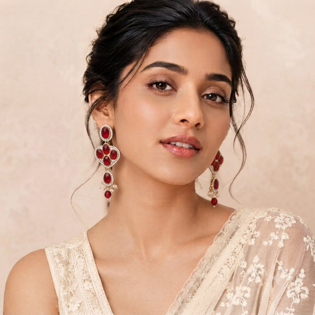 Gold Plated Traditional Kundan Chandelier Earrings with Red Stones