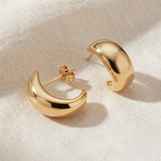 Gold Plated Brass Chunky Crescent Dome J-Hoop Stud Earrings