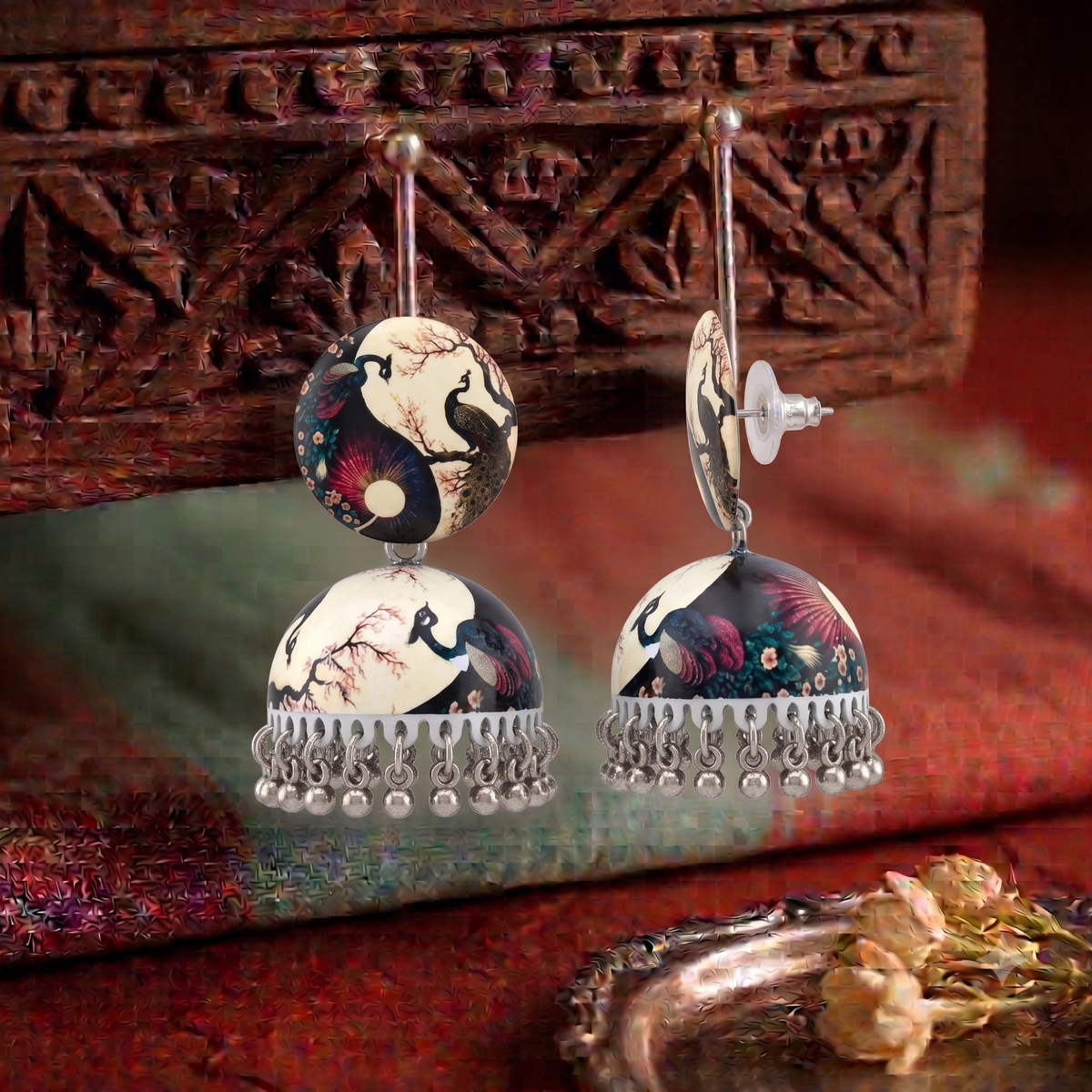 Peacock Yin Yang Print Jhumka Earrings for Women Silver Ghungroo Balis