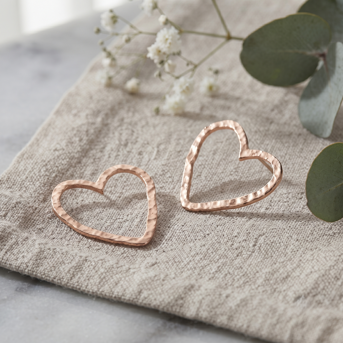 Rose Gold Plated Hammered Textured Open Heart Stud Earrings for Women