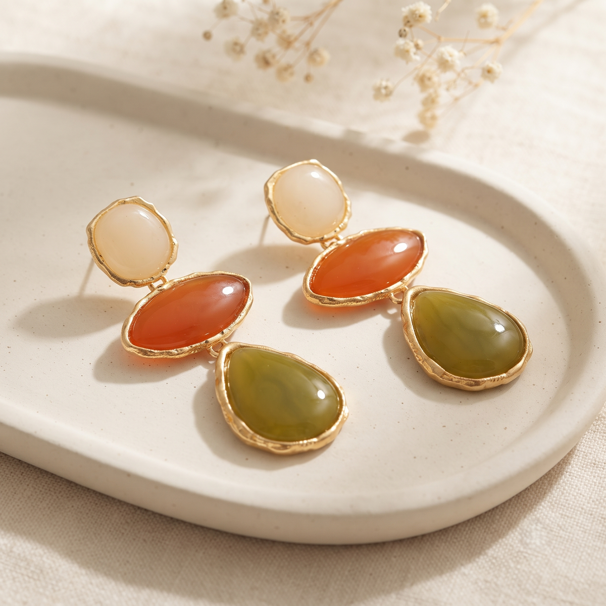 Gold Plated Multi-Color Resin Geometric Long Drop Earrings for Women