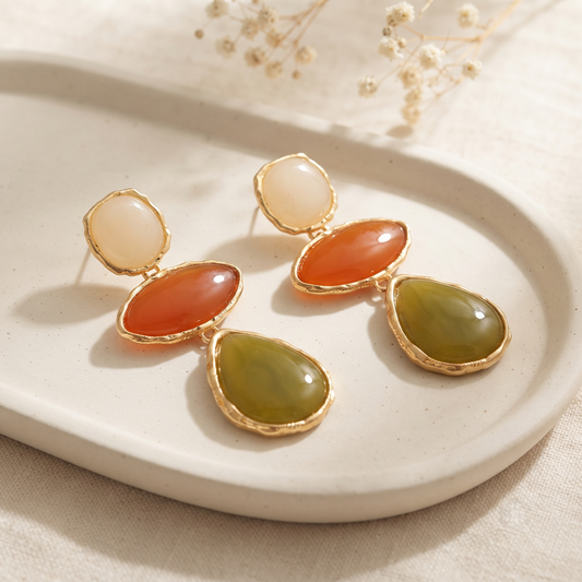 Gold Plated Multi-Color Resin Geometric Long Drop Earrings for Women
