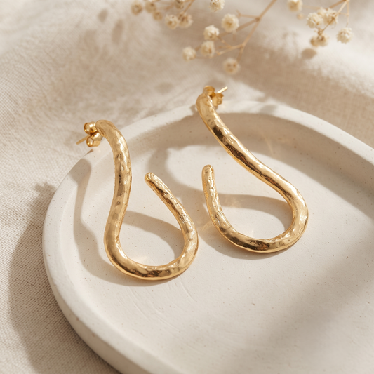 Gold Plated Hammered Textured Abstract S-Shape Open Hoop Earrings for Women