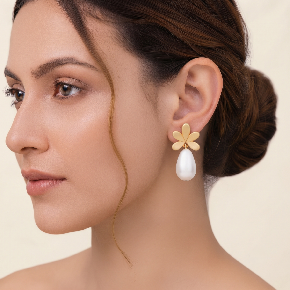 Gold Plated Flower Stud Earrings with Pearl Drops