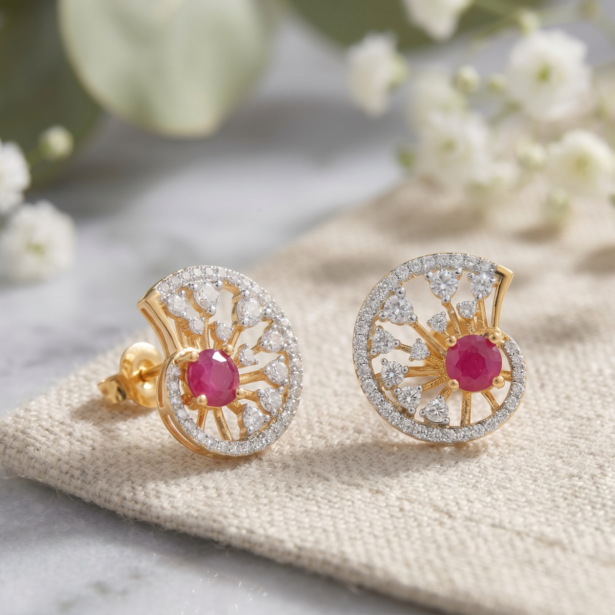 Gold Plated Ruby & CZ Nautilus Shell Stud Earrings
