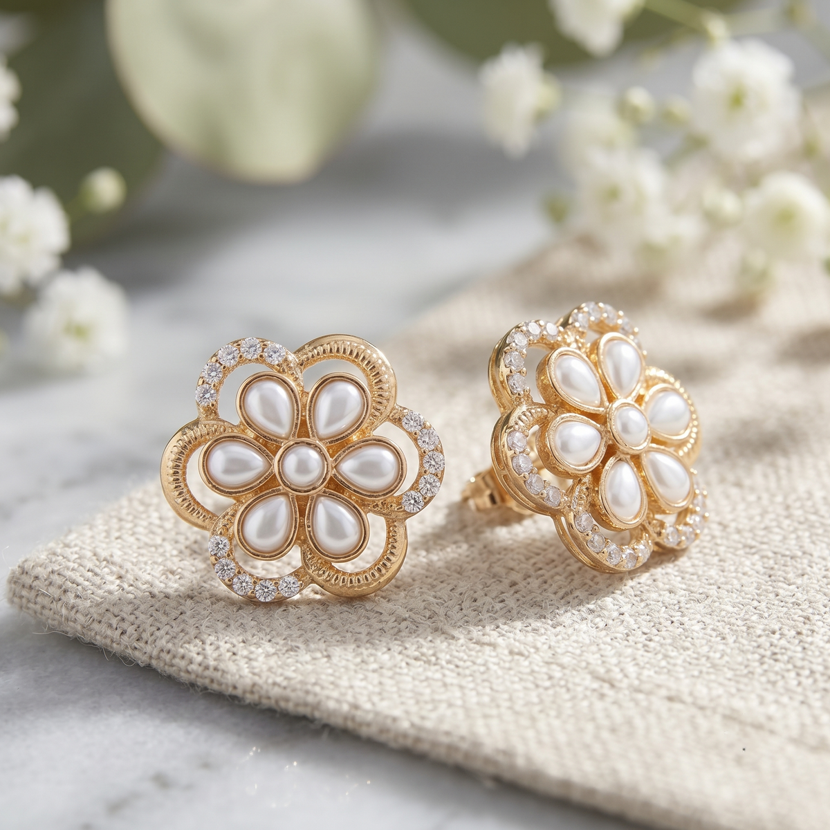 Gold Plated Floral Motif White Stone and CZ Diamond Stud Earrings for Women