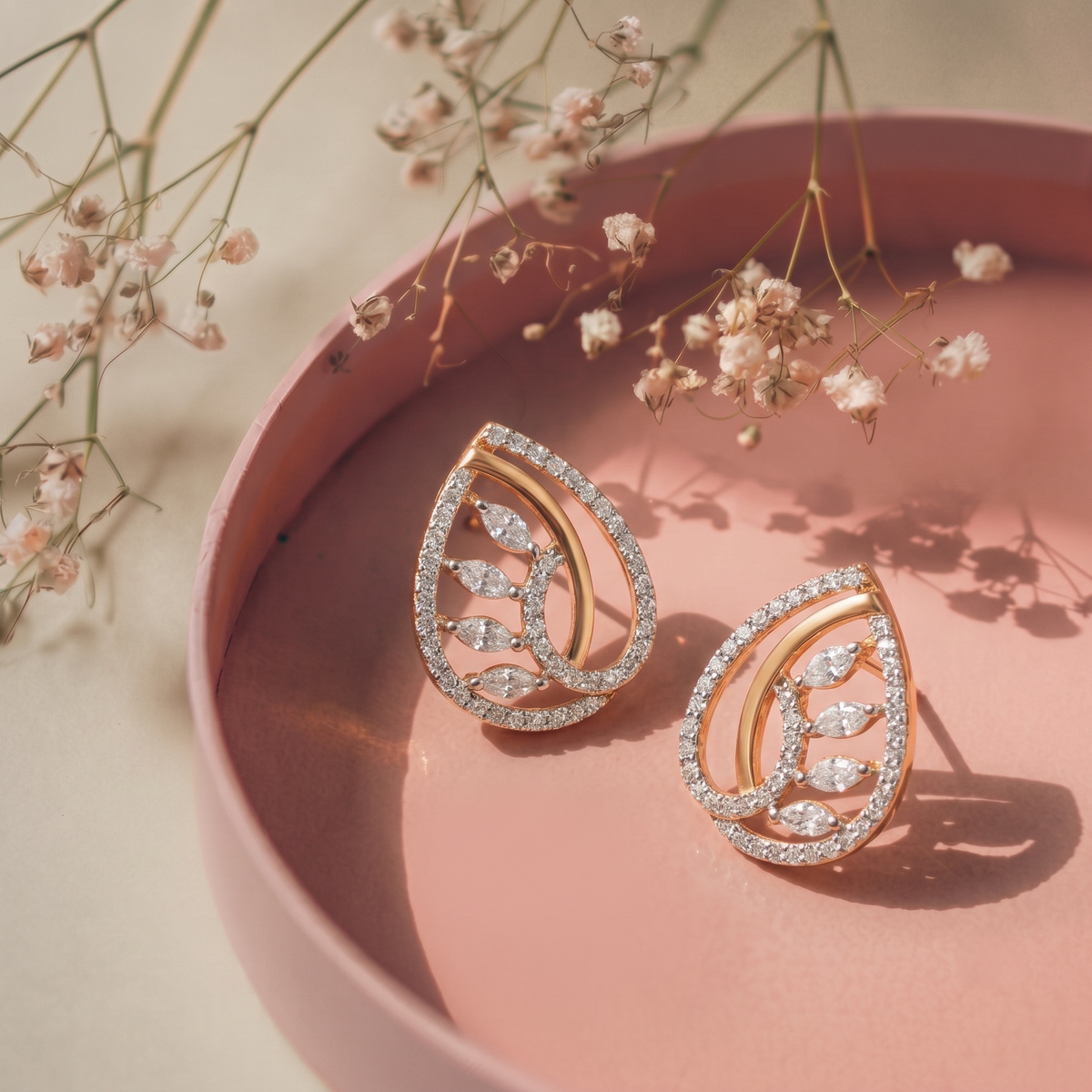Gold Plated CZ Paisley Leaf Stud Earrings