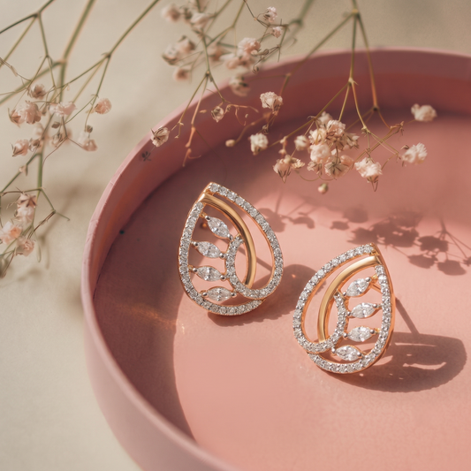 Gold Plated CZ Paisley Leaf Stud Earrings