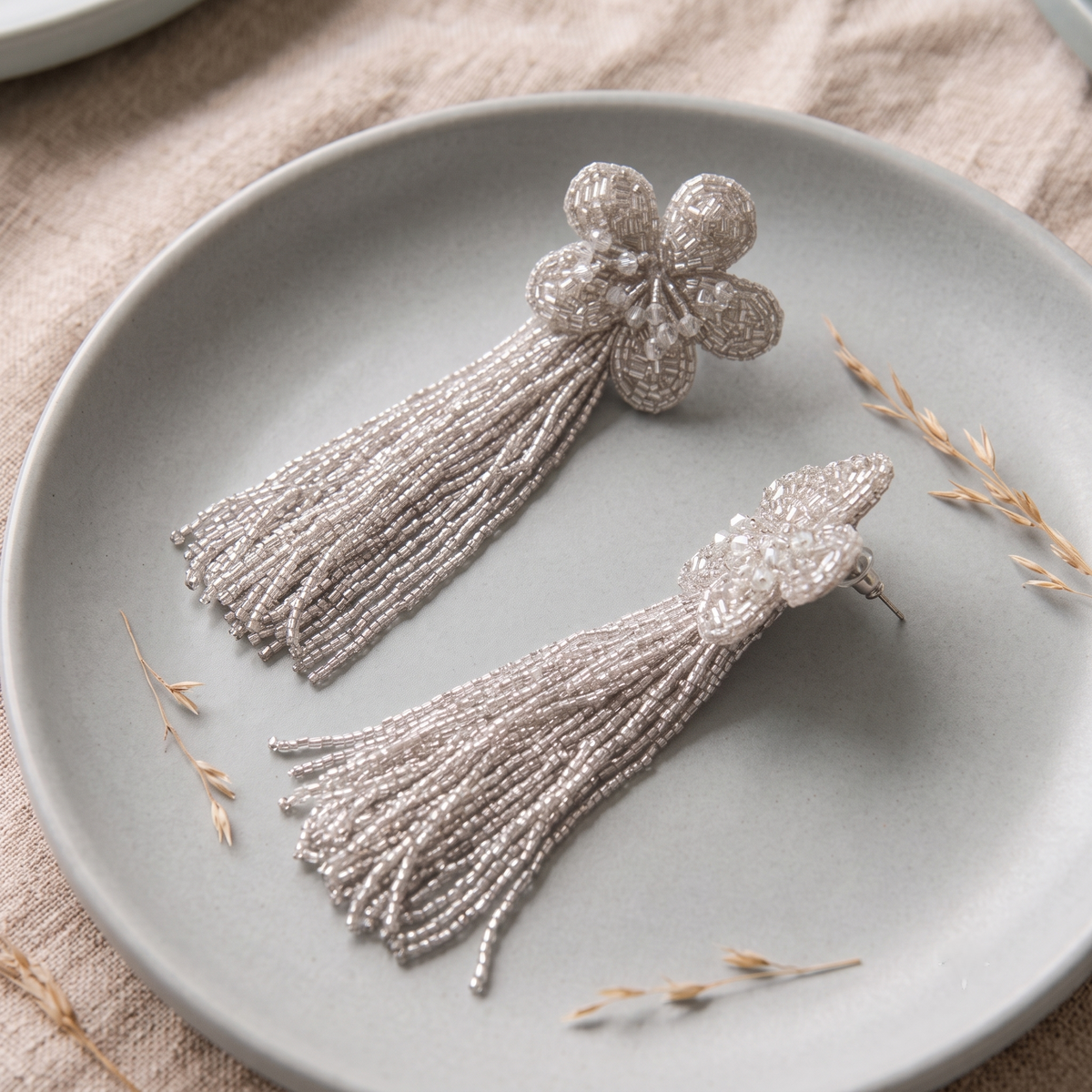 Handcrafted Silver Metallic Seed Bead Flower Tassel Drop Earrings for Women
