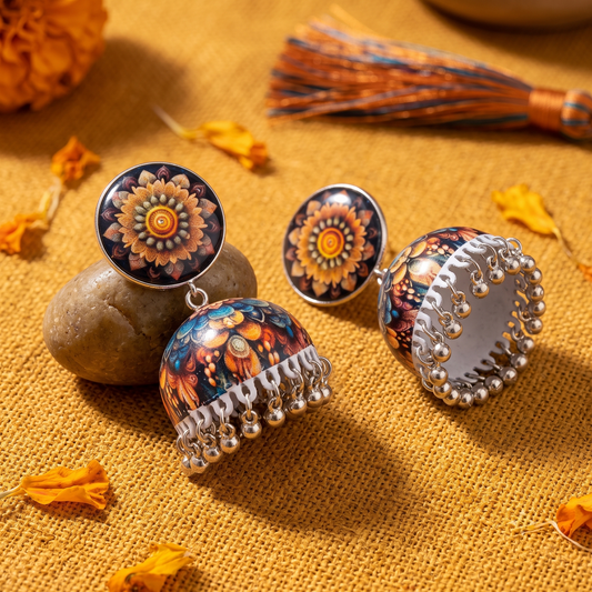 Multicolor Mandala Print Jhumka Earrings for Women Silver Ghungroo Balis