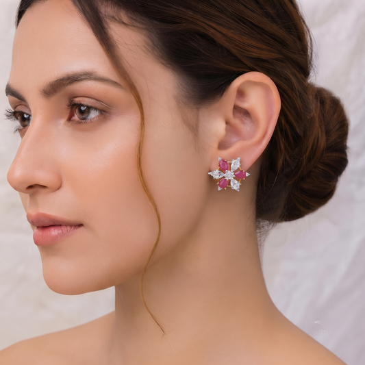 Gold Plated Pink and White American Diamond Studded Floral Stud Earrings