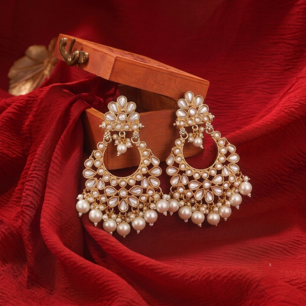 Gold Plated Kundan Chandbali Earrings with Pearls Traditional Drop Jhumka for Women