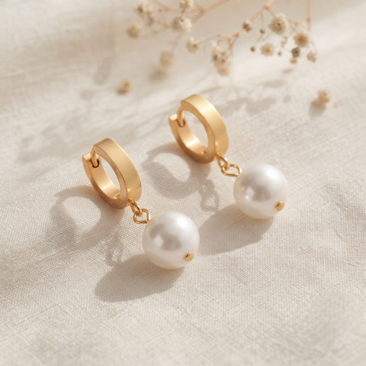 Gold Plated Brass Huggie Hoop Earrings with Pearl Drop Charms