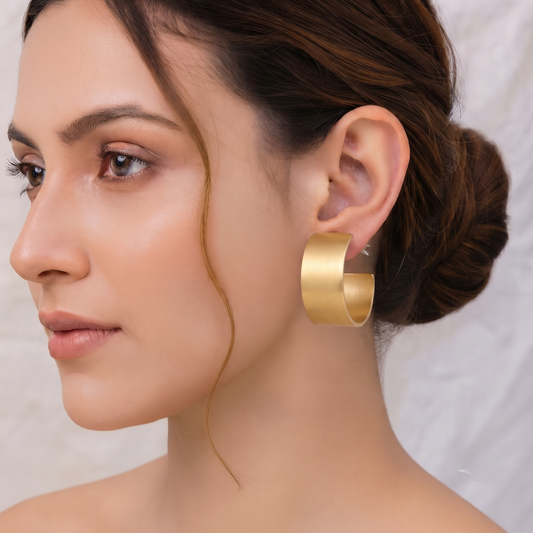 Gold Plated Matte Finish Chunky Wide Open Hoop Earrings for Women
