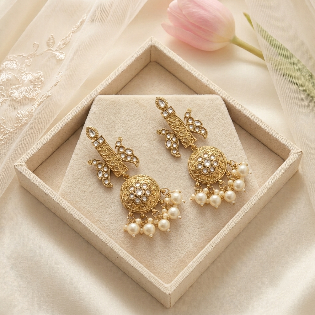 Antique Traditional Gold Pillar Stud Earrings with Pearls