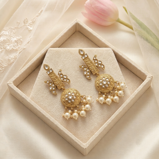 Antique Traditional Gold Pillar Stud Earrings with Pearls