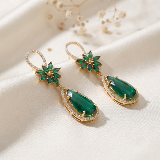 Gold Plated Brass Emerald Green Crystal Flower and Teardrop Dangle