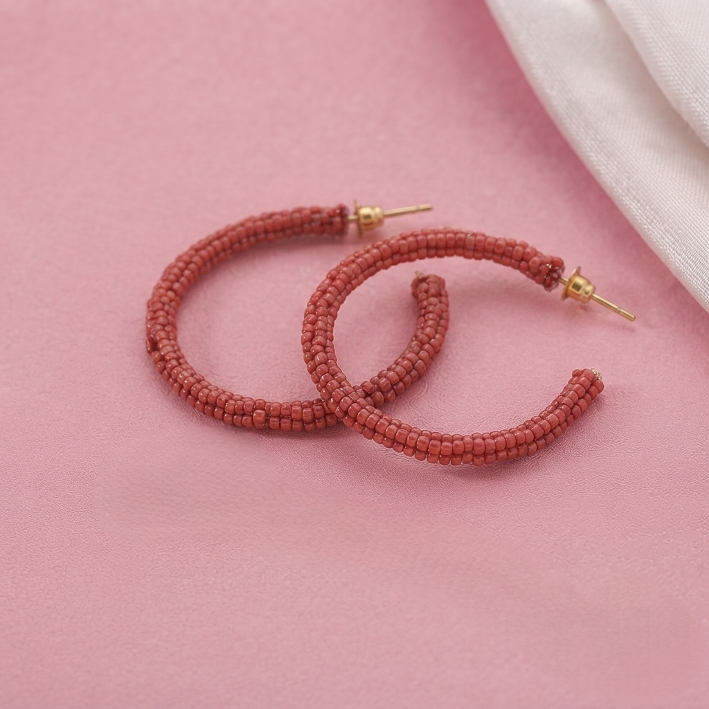 Handcrafted Dark Red Seed Bead Wrapped Open Hoop Earrings for Women