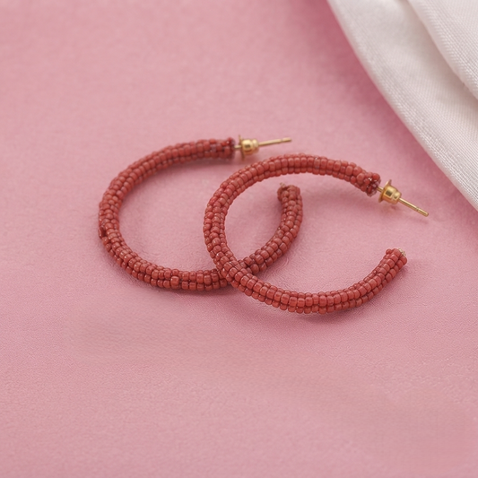Handcrafted Dark Red Seed Bead Wrapped Open Hoop Earrings for Women