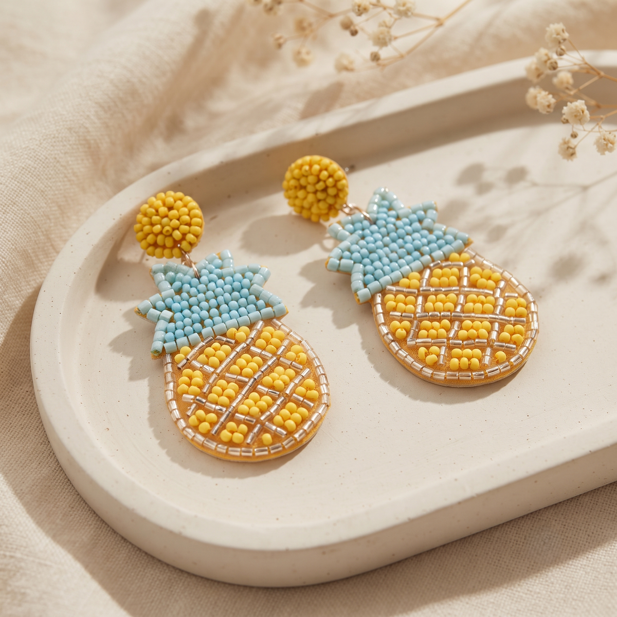 Handcrafted Pineapple Beaded Statement Drop Earrings for Women Quirky Tropical Jewelry