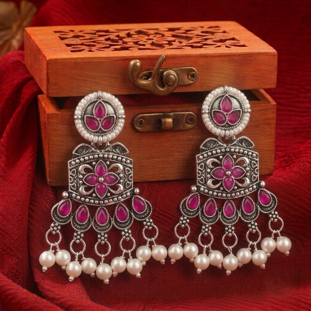 Oxidised Silver Chandelier Earrings with Pink Stones Pearl