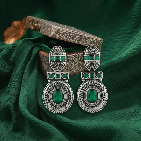 Oxidized Silver Toned Green Stone Textured Drop Earrings for Women