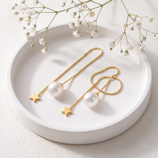 Gold Plated Brass Long Threader Earrings with Pearl and Star Charms