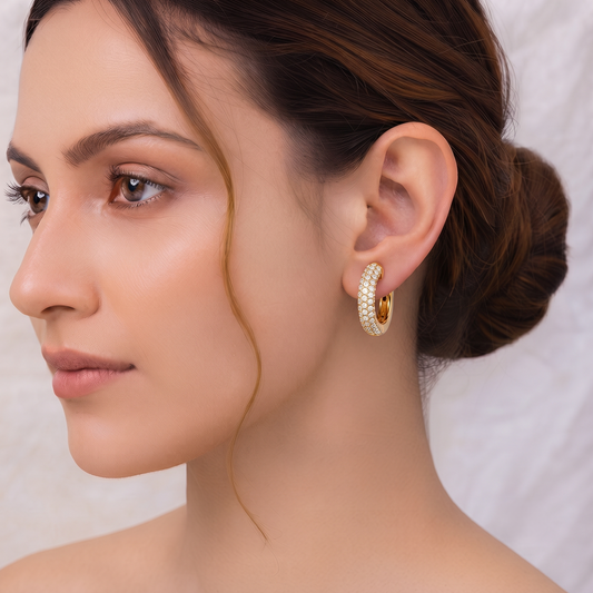 Gold Plated Brass Huggie Hoop Earrings Studded with Micro Pave Crystals