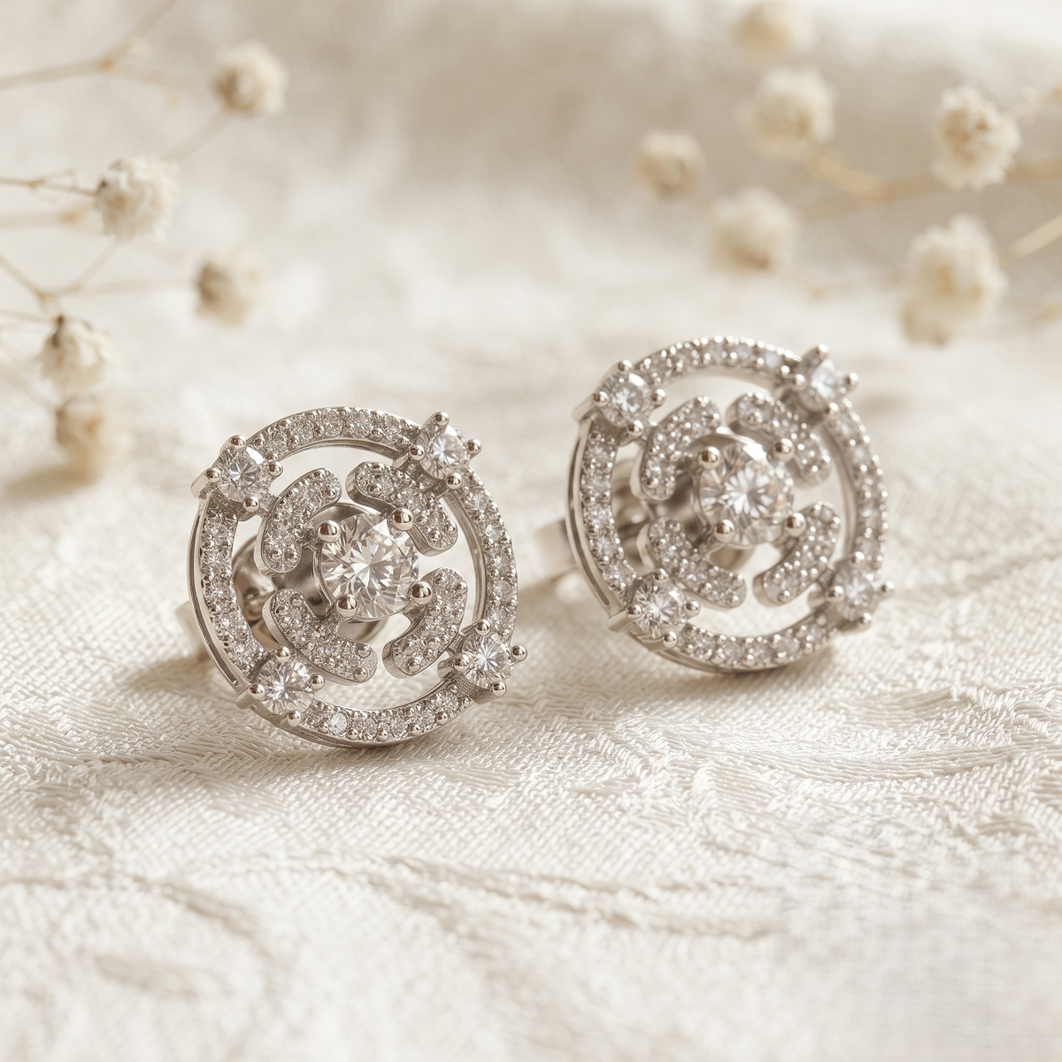 Silver Plated Brass Concentric Open Circle Stud Earrings with Cluster Crystals