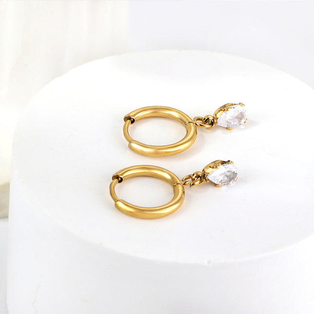 Gold Hoop Earrings with Dangling CZ Stone – Elegant Everyday Wear