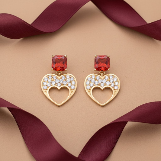Square Garnet CZ Heart Drop Earrings