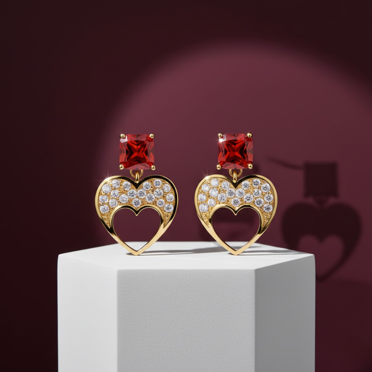 Square Garnet CZ Heart Drop Earrings