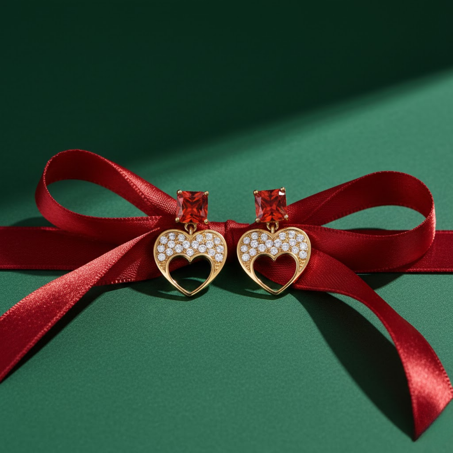 Square Garnet CZ Heart Drop Earrings