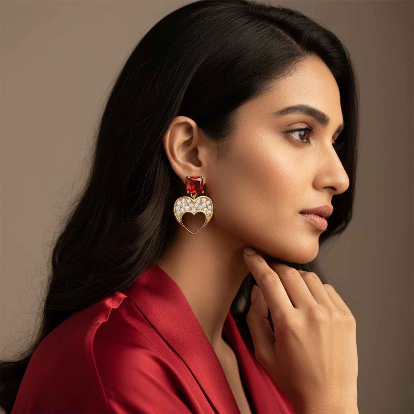 Square Garnet CZ Heart Drop Earrings