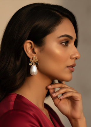 Floral Pearl Dangle Stud Earrings By 2wist Designs