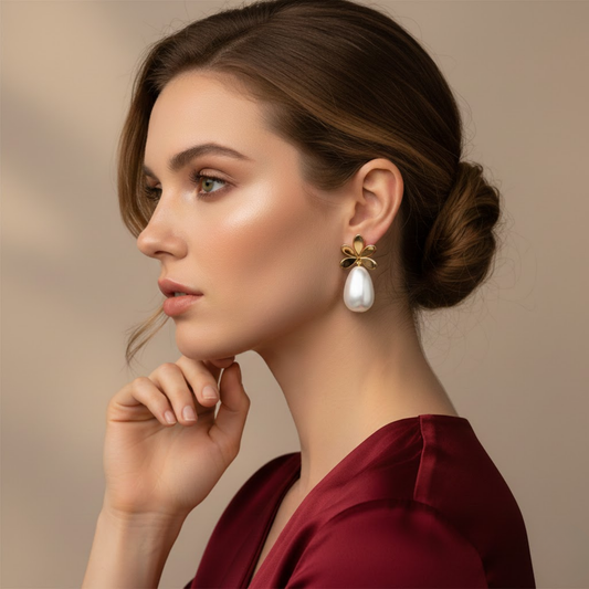 Floral Pearl Dangle Stud Earrings