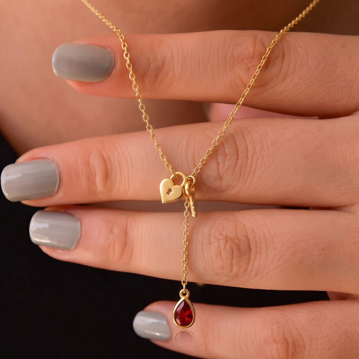 Gold Brass Heart Lock Key & Red Stone Drop Pendant Necklace