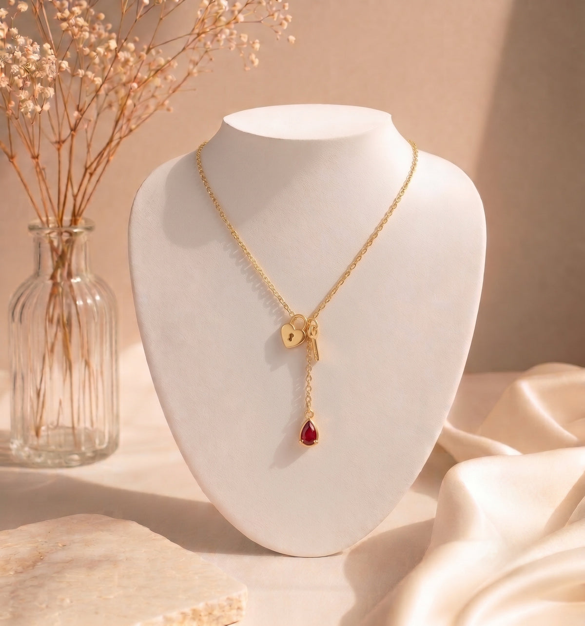 Gold Brass Heart Lock Key & Red Stone Drop Pendant Necklace