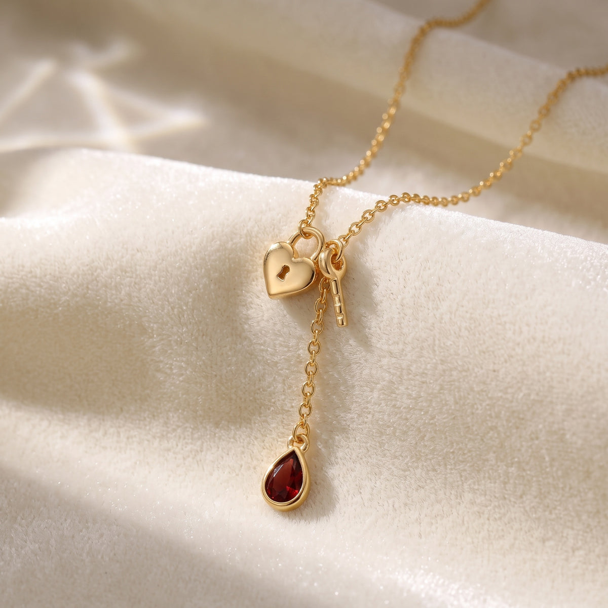 Gold Brass Heart Lock Key & Red Stone Drop Pendant Necklace